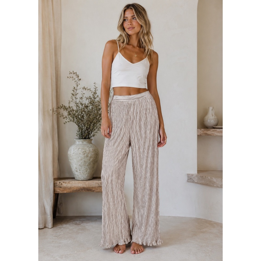 PrettyLittleThing Champagne Crinkle Plisse Pull-On Wide Leg Pants Women's Size 8
